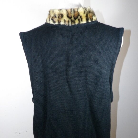 Vintage Crystal Kobe Black Sweater Vest with Faux Fur Collar Size XL - Picture 3 of 4